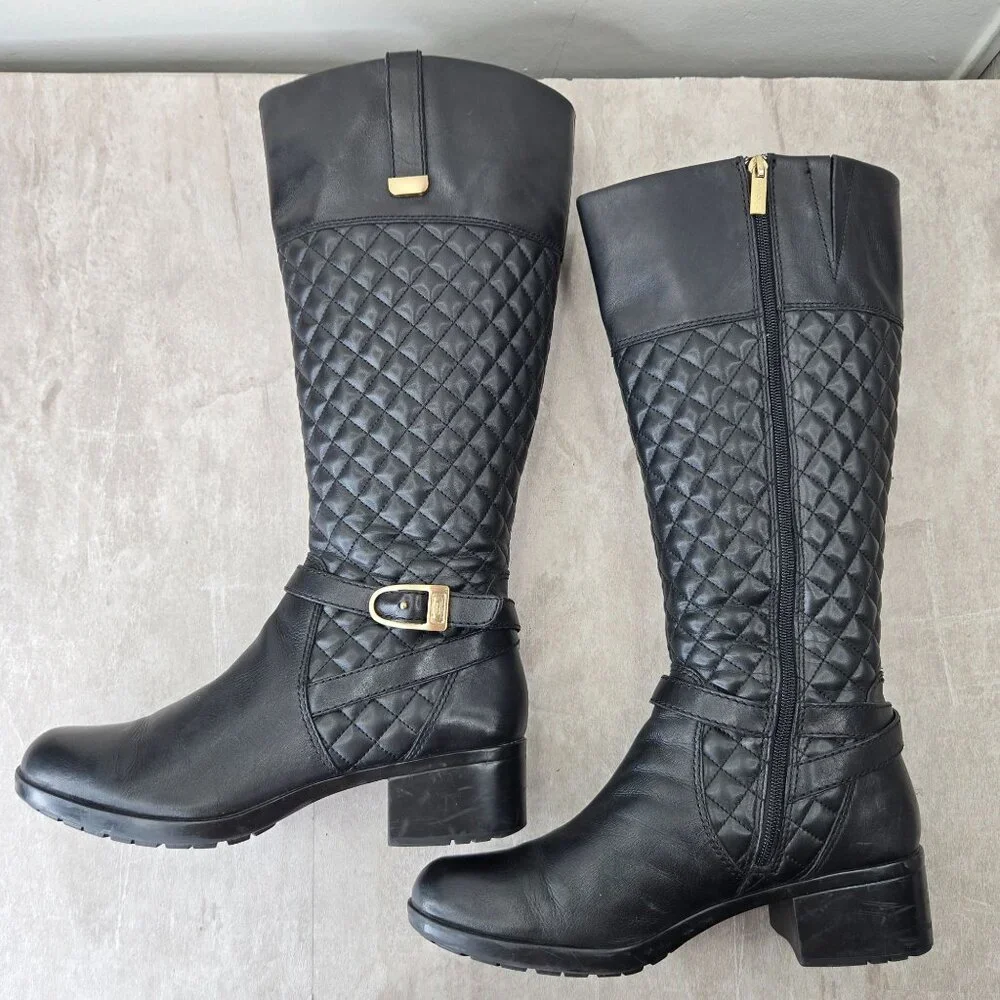Knee High Equestrian Boots 9.5‎ Black Leather Quilted Tall Buckle Western Riding
